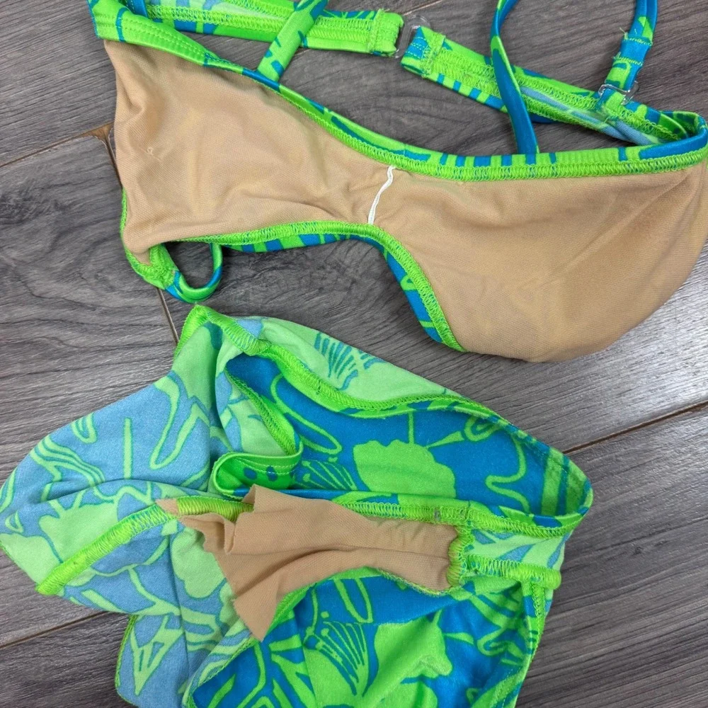 Speedo Girls 3 Piece Y2K Swim Set Bikini Rashguard Cover Up Floral Blue Green 12